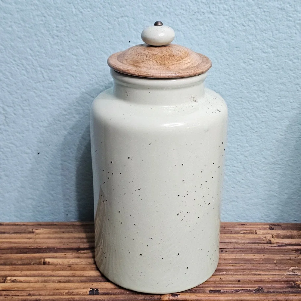 Pier 1 Imports Mint Green Speckled Ceramic Canister Set Wood Lids Farmhouse